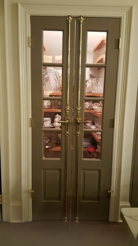 Butlers Pantry Cabinets Built Ins, Pantry With Glass Doors Kitchen Cabinets, Stained Glass Pantry Door Ideas, Old Butlers Pantry, Cremone Bolts On Kitchen Cabinets, Narrow Pantry Doors, Butler Door Swinging, Pocket Door Butlers Pantry, Fun Pantry Doors