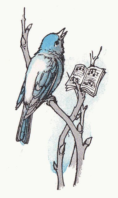 Bluebird was singing, "Dear Little Violet, come out, come out!" by Margaret Ely Webb Birds Singing Illustration, Singing Birds Illustration, Song Bird Drawing, Vintage Book Drawing, Bird Singing Illustration, Singing Bird Drawing, Singing Bird Tattoo, Bluebird Sketch, Playbill Ideas