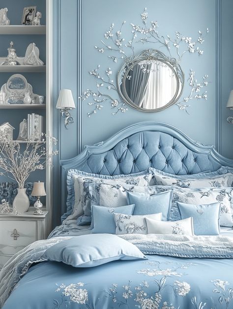 Transform your bedroom into a serene oasis with this home bedroom refresh. This beautiful blue decor with floral accents creates a calm and peaceful atmosphere. Upgrade your space and enjoy the soothing vibes! 🌿🛏️ #HomeDecor #BedroomInspiration #RelaxingHaven Calm Serene Bedroom, Blue Grandmillenial Bedroom, Blue And Silver Bedroom, Romantic Blue Bedroom, Blue Feminine Bedroom, Light Blue Wall Bedroom Ideas, Blue Girly Bedroom, Bedroom Ideas Light Blue, Blue Wall Room