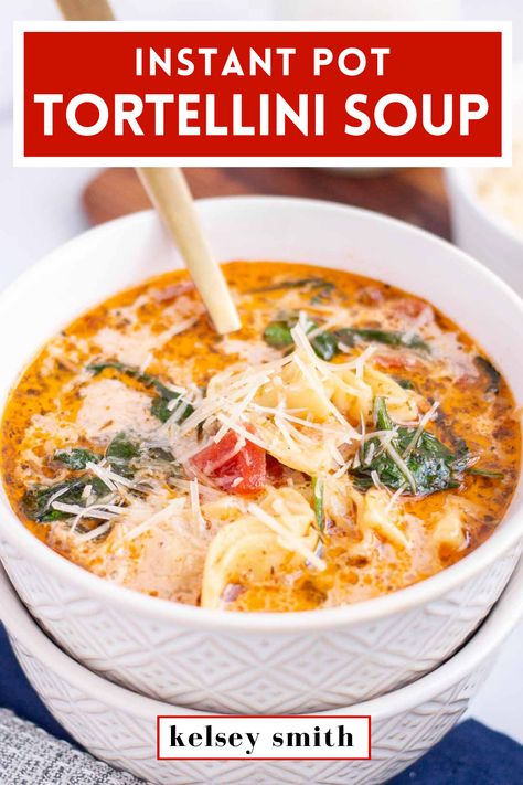 Easy Instant Pot Tortellini Soup, Sausage Tortellini Soup Instant Pot, Tortellini Soup Instant Pot, Soup With Sausage And Spinach, Instant Pot Tortellini Soup, Instant Pot Tortellini, Tortellini Soup With Sausage, Italian Soups, Soup With Sausage