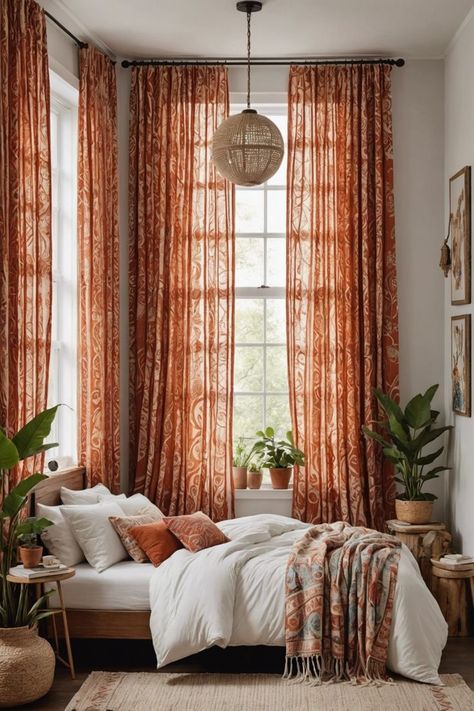 Embark on a bohemian dreamland with these irresistible curtain ideas for your bedroom! Transform your space with soft fabrics, dreamy textures, and enchanting patterns. Let these curtains whisper sweet serenades of comfort and style as you drift off to peaceful slumber. Click now to inspire your bedroom with bohemian bliss! Bohemian Drapes, Boho Curtain Ideas, Boho Style Bedroom Decor, Boho Window Treatments, Dye Curtains, Romantic Curtains, Mandala Curtains, Beaded Door Curtains, Interrior Design