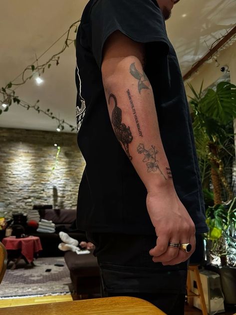 Swallow Arm Tattoo Men, Patch Work Tattoo Men Forearm, Tattoos Arms Men, Different Arm Tattoos, Men’s Patch Work Sleeve Tattoo, Male Sticker Tattoo Sleeve, Patchwork Tattoo Designs Men, Bicep To Forearm Tattoo, Patchwork Tattoo Ideas Aesthetic