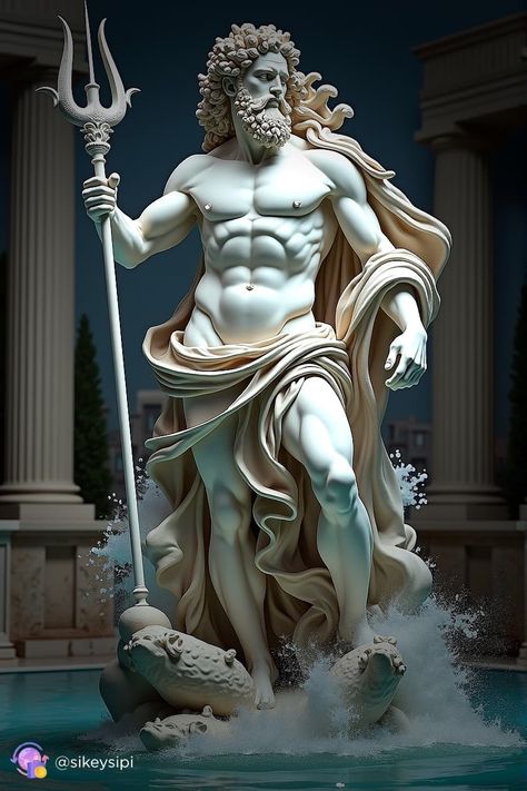 Neptune Roman God, God Neptune, Ancient Greek Sculpture, Roman Gods, Legends And Myths, Waves Crashing, Greek Sculpture, Mythology Art, Ancient Greece