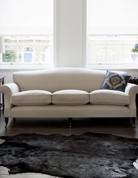 Georgian 3 seater sofa in Donegal linen - oatmeal with Rossini - nankin cushion Neoclassical Sofa, Classic Sofa Styles, Low Back Sofa, Bespoke Sofas, Sofa Handmade, Georgian Homes, Luxury Cushions, Lounge Decor, Pompadour