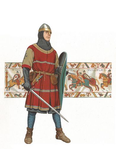 Norman knight, c. 1066 (Bayeux Tapestry in background) "With the Normans you had a combination of viking ruthlessness and brutality and french sleaziness and treachery. They were the worst of two worlds." Master Feral von Halstern Norman Knight, Medieval Swords, Century Armor, Historical Warriors, High Middle Ages, Bayeux Tapestry, Medieval Ages, Empire Romain, Historical Armor