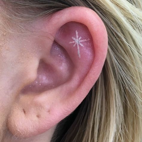 Ear Tats, White Ink Tattoos, Inner Ear Tattoo, Tiny Snowflake, Snow Flake Tattoo, Hidden Tattoos, Ear Tattoos, White Ink Tattoo, Small Tattoos With Meaning