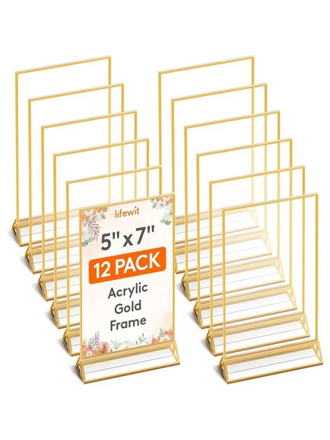 Premium Material: Included in the package are 6 sign holders, each measuring 5"x7", made from premium acrylic material known for its exceptional clarity. These holders provide a clear and transparent display, ensuring that your signs are easily visible and readable. Moreover, the acrylic material is highly long-lasting, guaranteeing long-term usage. Please make sure to remove the protective film before utilizing the sign holders. Double-Sided Display: Our sign holder is designed with a vertical T-shaped stand, allowing you to display your table number cards or photos on both sides. It's the perfect addition to your wedding table, adding an elegant touch when paired with gold decorations. Elevate the overall decoration of your wedding or party with this versatile sign holder. Excellent Stab Restrooms Signage, Acrylic Sign Holder, Party Restaurant, Signage Signs, Table Number Holders, Menu Holders, Tabletop Signs, Sign Stand, Banner Stands