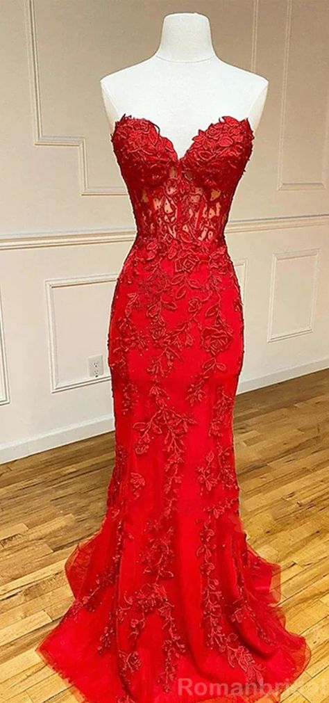 Prom Dresses With Train, Formal Dresses Red, Dresses With Train, Prom Dress Strapless, Best Formal Dresses, Red Formal Dresses, Red Lace Prom Dress, Prom Dress With Train, Strapless Prom Dresses