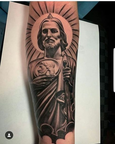 Tattoo In Color, San Judas Tattoo, Religous Tattoo, St Judas, Michael Tattoo, Unique Half Sleeve Tattoos, Realistic Tattoo Sleeve, Dibujos Tattoo, Forearm Sleeve