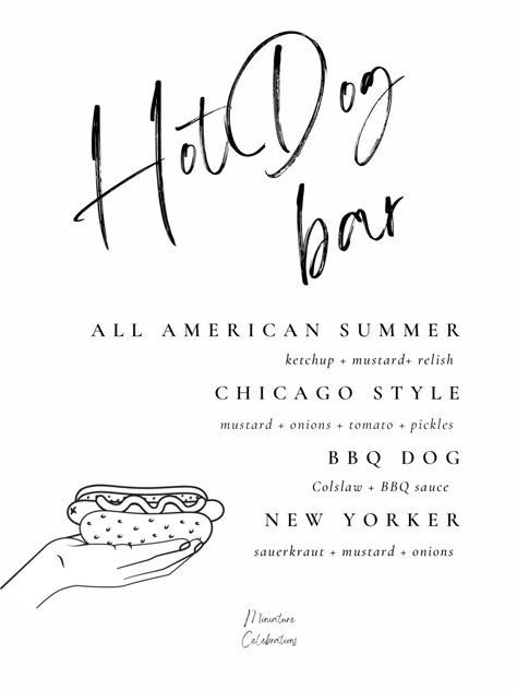 Template with creative hot dog combos to use for your next party or event Hot Dog Wedding Bar, Wedding Hot Dog Bar, Hot Dog Bar Menu, Cafe Meals, Hot Dog Bar Party, Tini Party, Summertime Food, Hot Dog Party, Hot Dog Bar