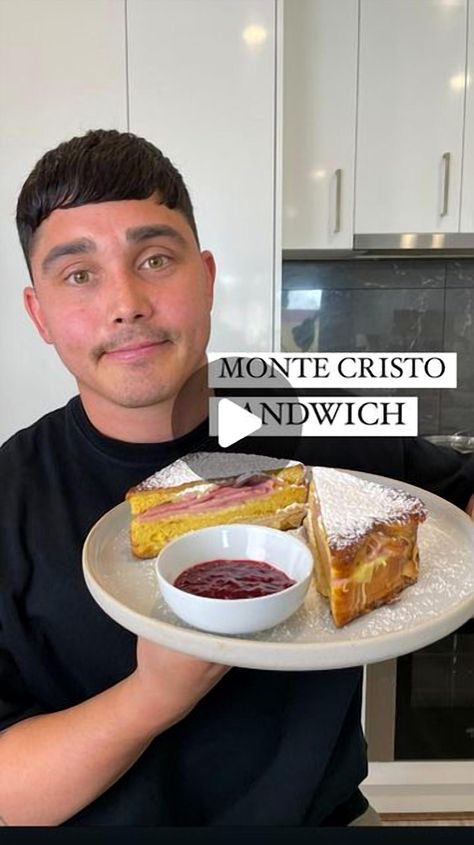 Dan Roberts shares a mouthwatering Monte Cristo Sandwich recipe on Instagram. You'll need 250g of raspberries, half a cup of sugar, and a tablespoon of lemon juice. Grab some brioche bread slices, two tablespoons of Dijon mustard, and a third of a cup of mayonnaise. Whisk together two eggs and a quarter cup of heavy cream. Layer with Swiss or Gruyere cheese, turkey breast slices, and ham slices. Cook it all in unsalted butter for a delicious treat. For more sandwich ideas, follow dans_foodforthought. Monte Cristo Sandwich Recipe, Ham Slices, Cheese Turkey, Pizza Cupcakes, Monte Cristo Sandwich, Turkey Cheese, Sandwich Ingredients, Brioche Bread, Sliced Ham