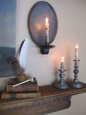 Colonial Lighting, Gothic Library, Primitive Lamps, Colonial Decorating, Primative Decor, Primitive Lighting, Colonial Farmhouse, Journal Magazine, Primitive Colonial