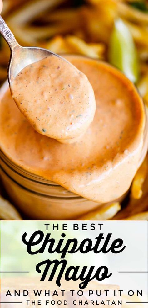 The Best Chipotle Mayo from The Food Charlatan. Learn how to make easy Chipotle Mayo recipe! You are going to want to put this homemade sauce on EVERYTHING you guys. It is the best secret sauce for so many Mexican inspired meals! Chipotle mayo is creamy and smooth, with a little bit of heat from the chipotles and a touch of smokey flavor from the peppers themselves and additional smoked paprika. Then put. it. on. everything. I've got tons of ideas in the post for what to use it with! Homemade Chipotle Sauce, Chipotle Mayo Sauce, Sauce For Tacos, Chipotle Sauce Recipe, Chipotle Mayo Recipe, Slow Cooker Pork Tacos, Sandwich Spreads, Beer Battered Fish Tacos, Homemade Chipotle