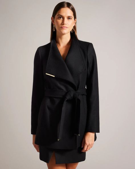 BLACK Wool wrap short coat Ted Baker Black Wrap Coat Outfit, Wrap Coats For Women, Wrap Coat Outfit, Black Wrap Coat, Wool Wrap Coat, Blue Trench Coat, Wrap Shorts, Matching Sweaters, Coat Outfit