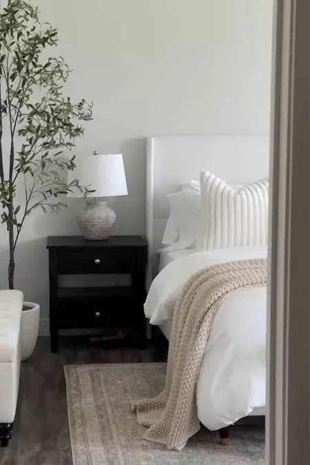 Click the pin link to shop our black nightstands, white bed, white bedding, Amazon duvet, Amazon bedding, neutral bedroom, and more. Bedroom With Black Nightstands, Bedding Amazon, Nightstands White, Affordable Bedroom Decor, Black Nightstands, Bedding Neutral, Amazon Bedding, King Platform Bed Frame, Neutral Bedroom Decor