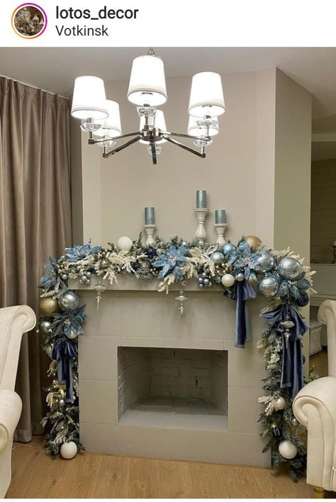 Blue Silver Christmas, Swags And Wreaths, Christmas Fireplace Mantels, Garland For Christmas, Blue Christmas Decor, Christmas Winter Wonderland, Hanukkah Decor, Chanukah Decor, Christmas Fireplace Decor