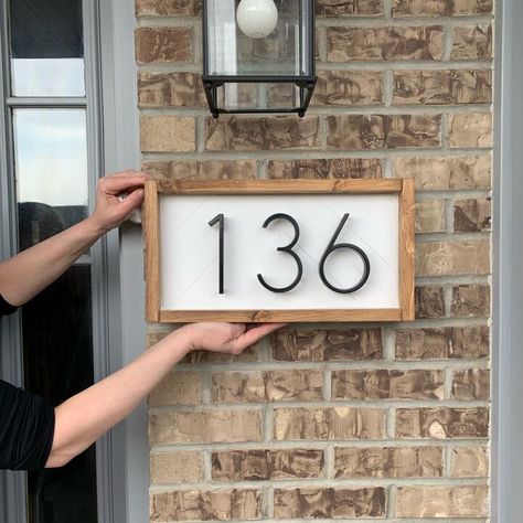 Copy one of these beautiful address signs to boost your curb appeal this season. Wood House Number Sign, Address Sign Ideas, Wooden Address Sign, House Number Ideas, Rustoleum Chalk Paint, Number Ideas, Faux Shiplap, Modern House Number, Door Numbers