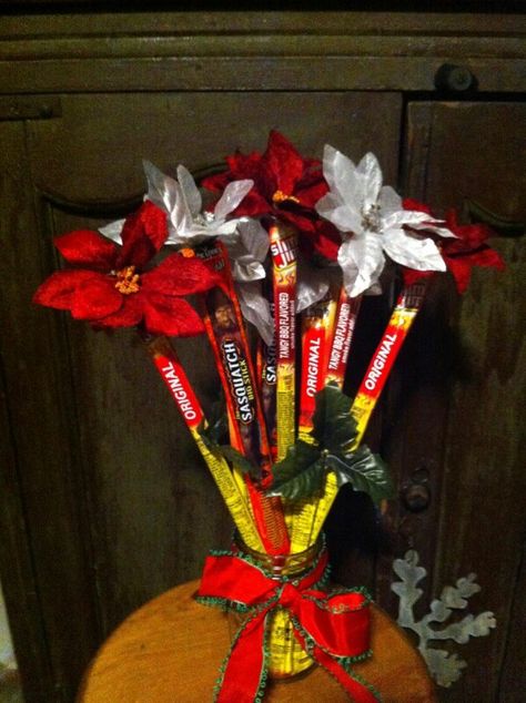 Slim Jim bouquet,  created by my sister, Stephanie. Slim Jim Bouquet, Shower Baskets, Food Decorations, Slim Jim, Baby Shower Baskets, Candy Bouquets, Festival Ideas, Slim Jims, Care Packages