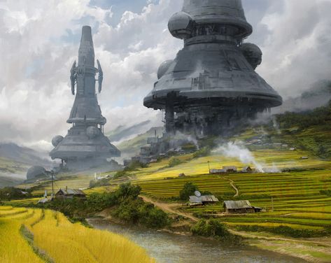 ArtStation - Landscape with constructions., Sergey Vasnev Starwars Landscape Art, Sci Fi Landscape Art, Starwars Landscape, Alien Spaceship Art, Starwars Concept Art, Starfinder Art, Graduate Drawing, Lancer Ttrpg, Dystopian Landscape