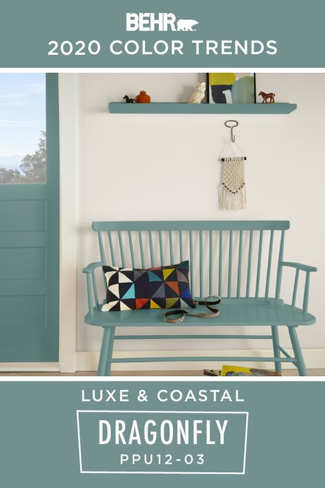 Channel your inner beach lover with BEHR® Paint in Dragonfly. This blue hue makes a great accent color on painted furniture pieces like this bench, shelf, and front door. It’s also part of the BEHR 2020 Color Trends Palette, making it a modern addition to your home. Click below for full color details. Behr Dragonfly Paint, Reiki Studio, Sunroom Renovation, Aqua Room, Behr Colors, Color Of The Month, Hawaii House, Orange Bathroom, Behr Paint Colors