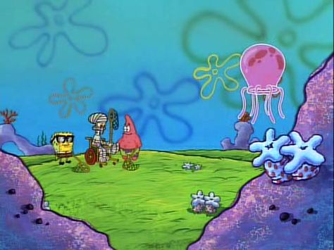 SpongeBob, Patrick and Squidward in Jellyfish Fields. Jellyfish Fields Spongebob, Spongebob Patrick And Squidward, Spongebob Stills, Patrick And Squidward, Jellyfish Fields, Spongebob Jellyfish, Spongebob Theme, Ppt Theme, Spongebob Faces