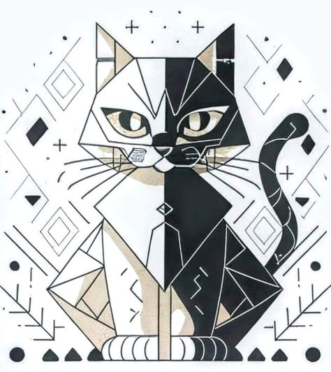 Simple Cat Tattoo, Line Art Simple, Cat Tattoo Ideas, Pop Art Cat, Geometric Cat, Cat Tattoo Designs, Ink Design, Black And White Painting, Art Simple