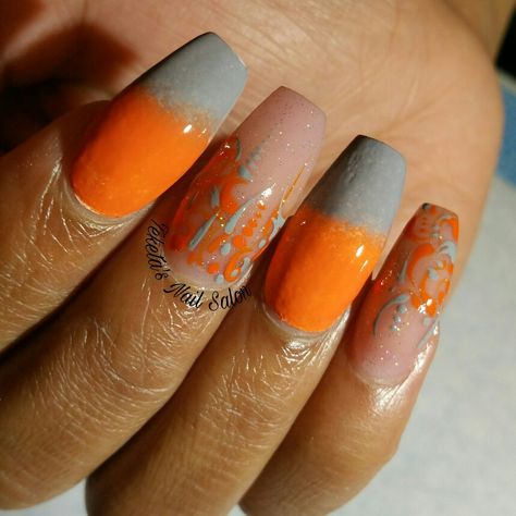 Ombre nails fall nails thanksgiving nails orange nails grey nails #NailsByTeketa #georgianailtech #TeketasNailSalon nail art #nailart i love nail art misa nail polish Fall Nails Thanksgiving, Gray Nail Art, Nails Thanksgiving, Nails Grey, Gray Nail, Grey Nail Art, Sweet Nails, Grey Nails, Nails Orange