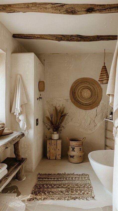 Boho Half Bath, Boho Modern Bathroom, Boho Kids Bathroom, Bathroom Beige, Modern Boho Bathroom, Earthy Bathroom, Bathroom Wallpaper Ideas, Boho Style Bathroom, Boho Decor Ideas