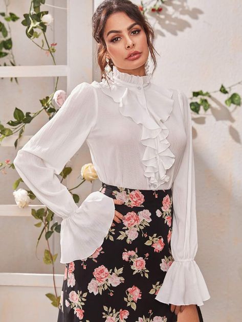 Ruffle Trim Frill Neck Flounce Sleeve Blouse | SHEIN USA Long Blouse Outfit, Red Shirt Outfits, Gaun Ruffle, Fall Blouses, Long White Blouse, White Ruffle Shirt, Ruffle Outfit, Happy Dresses, White Ruffle Blouse