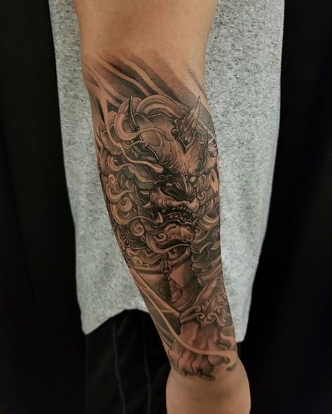 Double foo dog. Thanks for travelling all the way from Florida Bryan! #chronicink #asianink #tattoo#irezumi #foodog Dragon Tattoo Forearm, Day Of The Dead Tattoos, Japanese Forearm Tattoo, Foo Dog Tattoo Design, Foo Dog Tattoo, Hannya Mask Tattoo, Aztec Tattoos, Fu Dog, Chinese Tattoo