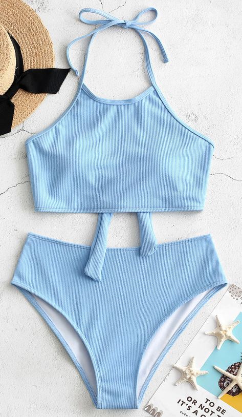 High Collar Pattern, Blue Two Piece Swimsuit, Light Blue Swimsuit, Retro One Piece Swimsuits, Bathing Suits One Piece, Blue Two Piece, Trendy Swimsuits, Swimsuits Outfits, Fashion Swimwear