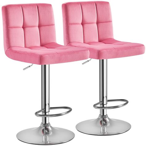 This adjustable bar stool set is made of velvet, foam, electroplated steel, and composite board with upgraded construction, which is capable of holding up to 330 lb each piece, sturdy and long-lasting. You can use the adjustment lever beneath the seat to lift the stool to 92-113cm or push it down to 36.5-44.5″. The 360° swiveling casters and extra footrest facilitate you to chat with others in a cozy position. The stylish design makes this 2pcs bar stool set compatible seamlessly with any décor. Leather Swivel Bar Stools, Island Chairs, Pink Bar, Pub Chairs, Salon Suites, Stool Height, Pink Square, Leather Bar Stools, Adjustable Bar Stools