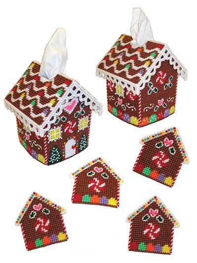 Gingerbread House Decor Plastic Canvas Pattern Gingerbread House Decor, Painted Houses, Plastic Canvas Coasters, Plastic Canvas Pattern, Plastic Canvas Stitches, Color Graphing, Plastic Canvas Tissue Boxes, Plastic Canvas Christmas, Gingerbread Houses