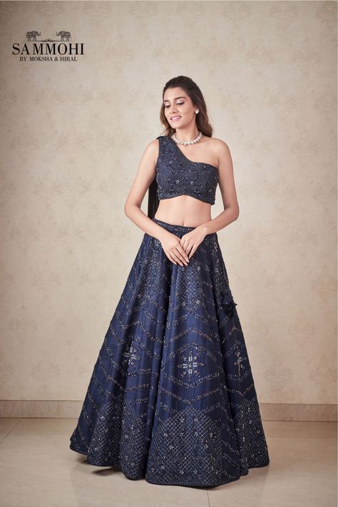 Navy Blue crystal self hand embellished lehenga in dupion silk paired up with matching one shoulder blouse and attached georgette dupatta from back Lehenga Navy Blue, One Shoulder Lehenga, Design Lehenga, Embellished Lehenga, Navy Blue Lehenga, Bridesmaid Saree, Georgette Dupatta, Add Sleeves, Project Work