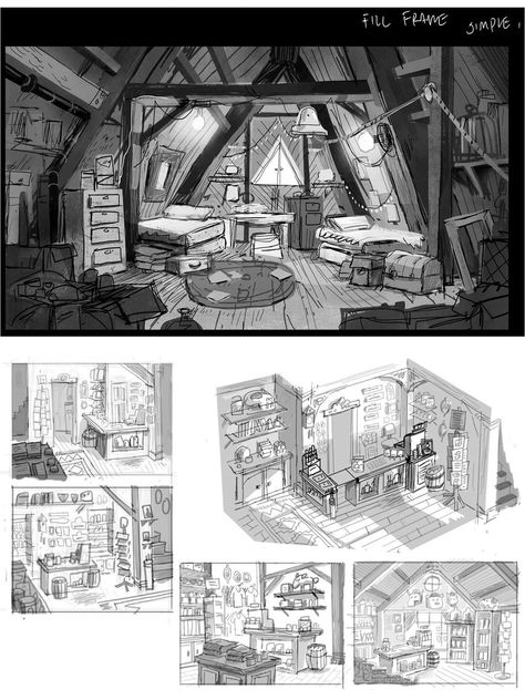 Disney Interior Concept Art, Attic Concept Art, Gravity Falls Interior, Run Down House Drawing, Gravity Falls Concept Art Backgrounds, Vis Dev Art, Log Cabin Concept Art, Walking House Concept Art, Concept Art Background Environment