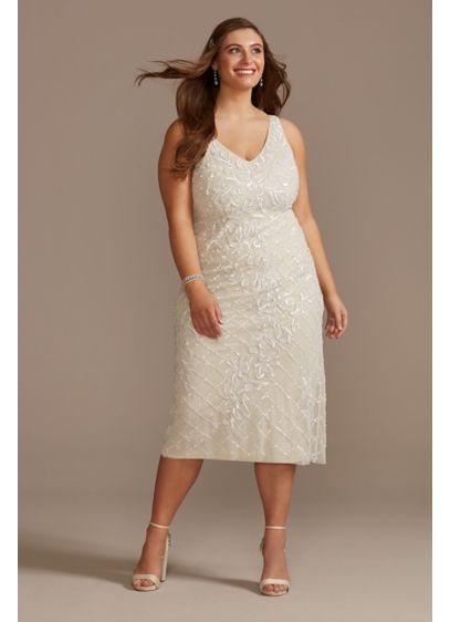 Beaded Sheath V-Neck Plus Midi Dress with Low Back 9WGIN0920 Tea Length Wedding Dresses, City Hall Wedding Dress, Edgy Bridal, Dress With Low Back, Courthouse Wedding Dress, Informal Wedding Dresses, Civil Wedding Dresses, Tea Length Wedding, Rehearsal Dinner Dresses