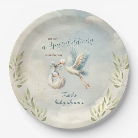 Stork Baby Showers, Bundle Of Joy, Paper Plates Party, Special Delivery, Shower Design, Blue Vintage, Vintage Vibes, Paper Plates, Baby Boy Shower