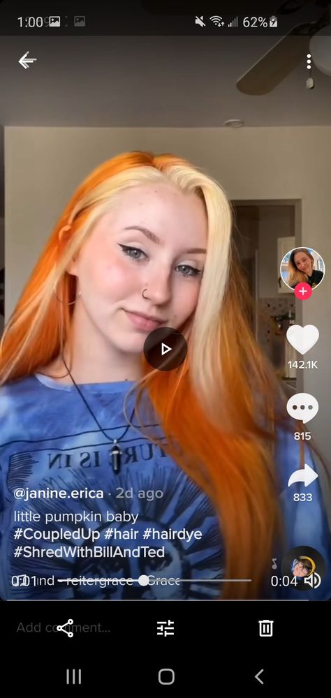 Orange Hair Blonde Bangs, Orange Hair With Blonde Streak, Blonde And Orange Hair, Orange And White Hair, Orange Hair Ideas, Orange And Blonde Hair, Orange Bangs, 90s Bangs, Blonde Hair Pfp