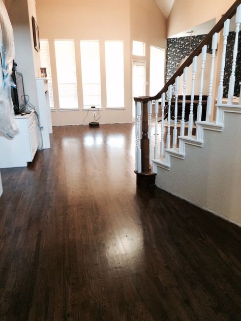 dark walnut stain on white oak hardwood Refinished Wood Floors, Dark Walnut Floors, Refinished Floors, Staining Hardwood Floors, Hardwood Floor Stain Colors, Oak Floor Stains, Staircase Light, Floor Stain Colors, Walnut Wood Floors