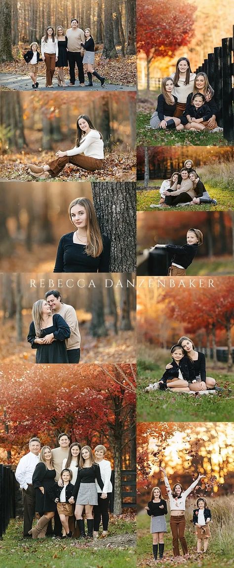 collage from Family photo session in the late fall with red and orange leaves. Big Family Holiday Photos, Fall Family Photos 7 People, Family Fall Photoshoot With Teenagers, Diy Fall Pictures Family, Fall Family Photos Teenage, Fall Family Photoshoot Ideas With Teenagers, Big Family Fall Photoshoot, Family Photo Fall Ideas, Fall Family Photo Poses Older Children