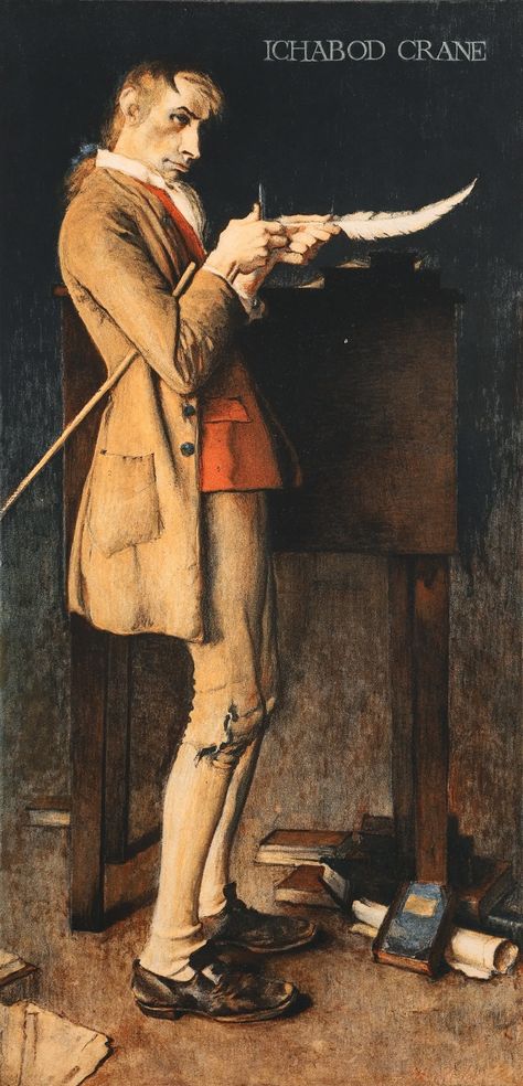 Rockwell began work on a series of pictures of celebrated characters in American fiction, which would be paired with excerpts from the stories. As one of the first in the series, he chose Ichabod Crane, the schoolmaster from the 1819 Washington Irving story, The Legend of Sleepy Hollow. Rockwell painted this first version of Ichabod and then a second, more developed version, which is now in the collection of Utah's Draper Elementary School. Sleepy Hollow Headless Horseman, Gothic Stories, Ichabod Crane, The Legend Of Sleepy Hollow, Legend Of Sleepy Hollow, Hollow Art, Headless Horseman, Portrait Paintings, Classic Horror Movies