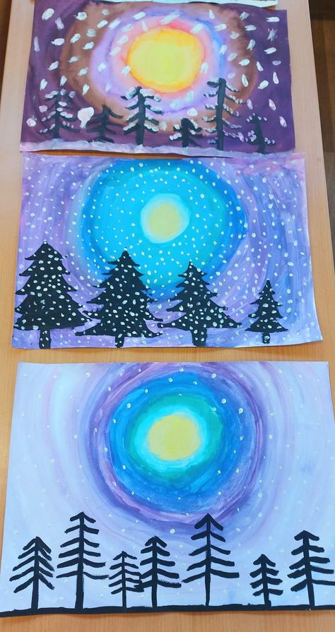 2nd Grade Holiday Art Projects, February Art Projects For Kids Elementary, Winter Art Lesson Kindergarten, Grade 2 Christmas Art, Winter Themed Art Projects For Kids, Winter Art Projects Elementary, Elementary Winter Art Projects, Easy Winter Art For Kids, Northern Lights Art For Kids