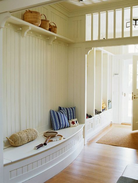 Mudroom envy!  This space is amazing! Classic Entrance, Beadboard Wainscoting, Laundry Room/mud Room, Wood Mouldings, Curved Bench, Bead Board, Wall Molding, Wainscoting, Banquette