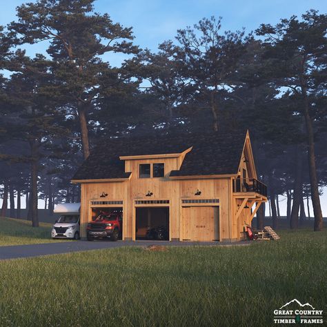 Here's an artistic render of our Rangeley Barn Home. This 1,850 sq. ft. timber frame home has a three-car garage underneath, with a timber frame deck on the second floor. Available fully built in New England, or in kit form nationwide. #greatcountrytimberframes #timberframe #postandbeam #barnbuilders #timberframing #mortiseandtenon #joinery #keepcraftalive #timberframer #3drender #artisticrender #conceptmodel #rangeley #barnhome #timberframehome #rangeleybarnhome #barnliving #countryliving Timber Frame Garage With Apartment, Artistic Render, Post And Beam Barn Homes, Timber Frame Garage, Garage With Apartment, Post And Beam Barn, Barn Builders, Timber Frame Barn, Forever Home Ideas