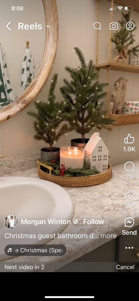 Bathroom Christmas Shelf Decor, Christmas Decor Powder Room, Half Bathroom Christmas Decor, Bathroom Counter Christmas Decor, Guest Bathroom Christmas Decor Ideas, Bathroom Sink Christmas Decor, Christmas Half Bath Decor, Guest Bathroom Christmas Decor, Bathroom Christmas Tree