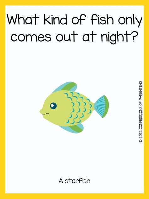 100 Funny Fish jokes for kids + Free Printable Cards Fish Jokes, Kids Jokes And Riddles, Summer Jokes, Fishing Jokes, Kid Jokes, Funny Corny Jokes, Lunchbox Jokes, Punny Jokes, Funny Fish