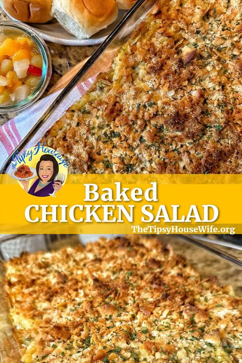 The photo shows a sheet pan of baked chicken salad including tender chicken, savory onions, creamy cream of chicken soup and the crunchiness of potato chips, slivered almonds and buttered ritz cracker crumble. The brightly colored banner displays the name of the recipe, "Baked Chicken Salad." Leftover Chicken Salad What To Do With, Baked Chicken Salad, Brunch Quiche Recipes, Warm Chicken Salad, Hot Chicken Salads, Chicken Crisps, Tipsy Housewife, Chicken Salads, Ritz Cracker