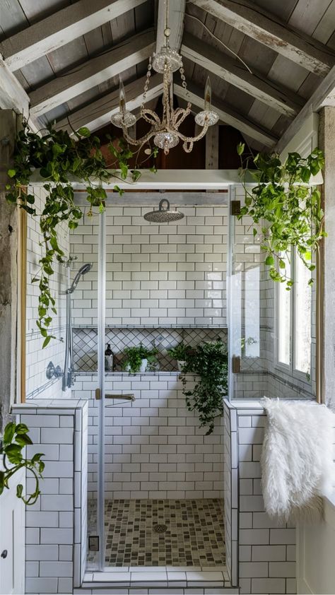 Elegant Bathroom with Vaulted Wooden Ceiling and Modern Touches Plants In Shower, Ornate Chandelier, Earth House, Chandelier White, Bathroom Retreat, Timeless Bathroom, Bathroom Features, Wooden Ceiling, Outdoor Bath