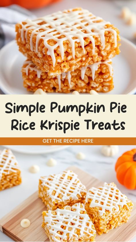 Indulge in the perfect blend of fall flavors with these delicious pumpkin pie Rice Krispie treats. This recipe puts a seasonal twist on a classic treat, combining the warmth of pumpkin pie spice with the gooey goodness of marshmallows and crispy cereal. Whether you're looking for a festive dessert to impress your guests or a cozy sweet treat to enjoy with your loved ones, these pumpkin pie Rice Krispie treats are sure to hit the spot. Rice Crispy Pumpkin Pie, Pumpkin Pie Rice Crispy Treats, Pumpkin Pie Rice Krispie Treats, Pumpkin Rice Crispy Treats, Pumpkin Fall Treats, Rice Crispy Pumpkins, Rice Krispie Treats Original Recipe, Simple Pumpkin Pie, Pumpkin Rice Krispie Treats