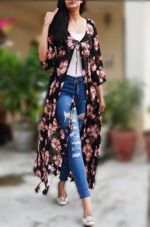 Dress Floral Prints, Black Dress Floral, Style Black Dress, Long Shrug, Shrug For Dresses, Salwar Kamiz, Indian Designer Outfits, Designer Dresses Indian, Mode Hijab